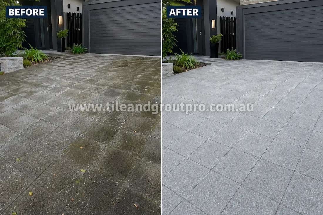 Grey concrete pavers on a modern residential driveway with visible grime, algae staining, and weathered surface marks before Tile Renewal.