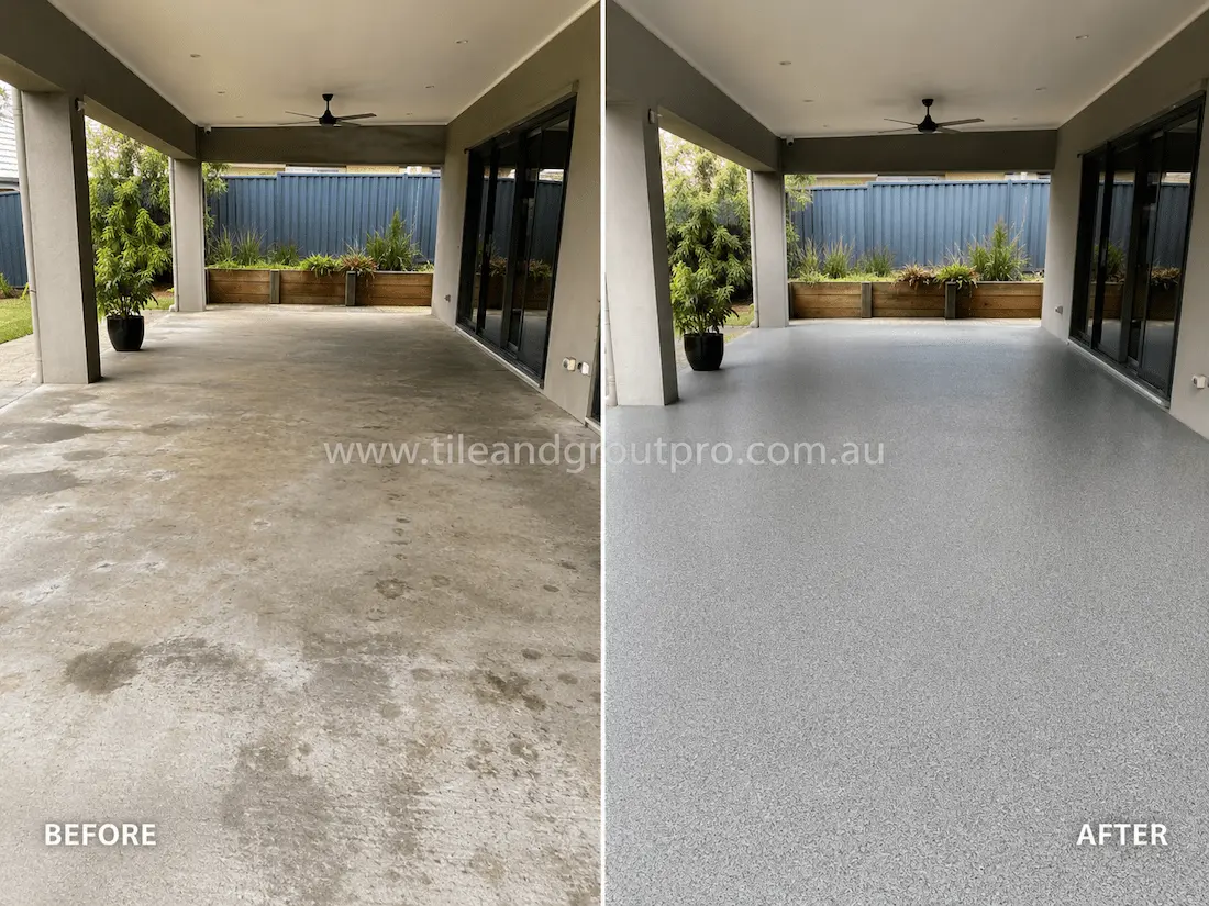 Before concrete resurfacing, this covered residential alfresco area features a stained and weathered concrete floor with visible wear and discoloration, restored to a clean light-grey textured concrete finish after resurfacing.