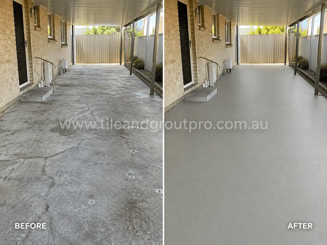 Before concrete resurfacing, this covered residential carport shows cracked, stained, and aged concrete flooring, restored with a durable textured concrete coating and uniform light-grey finish.