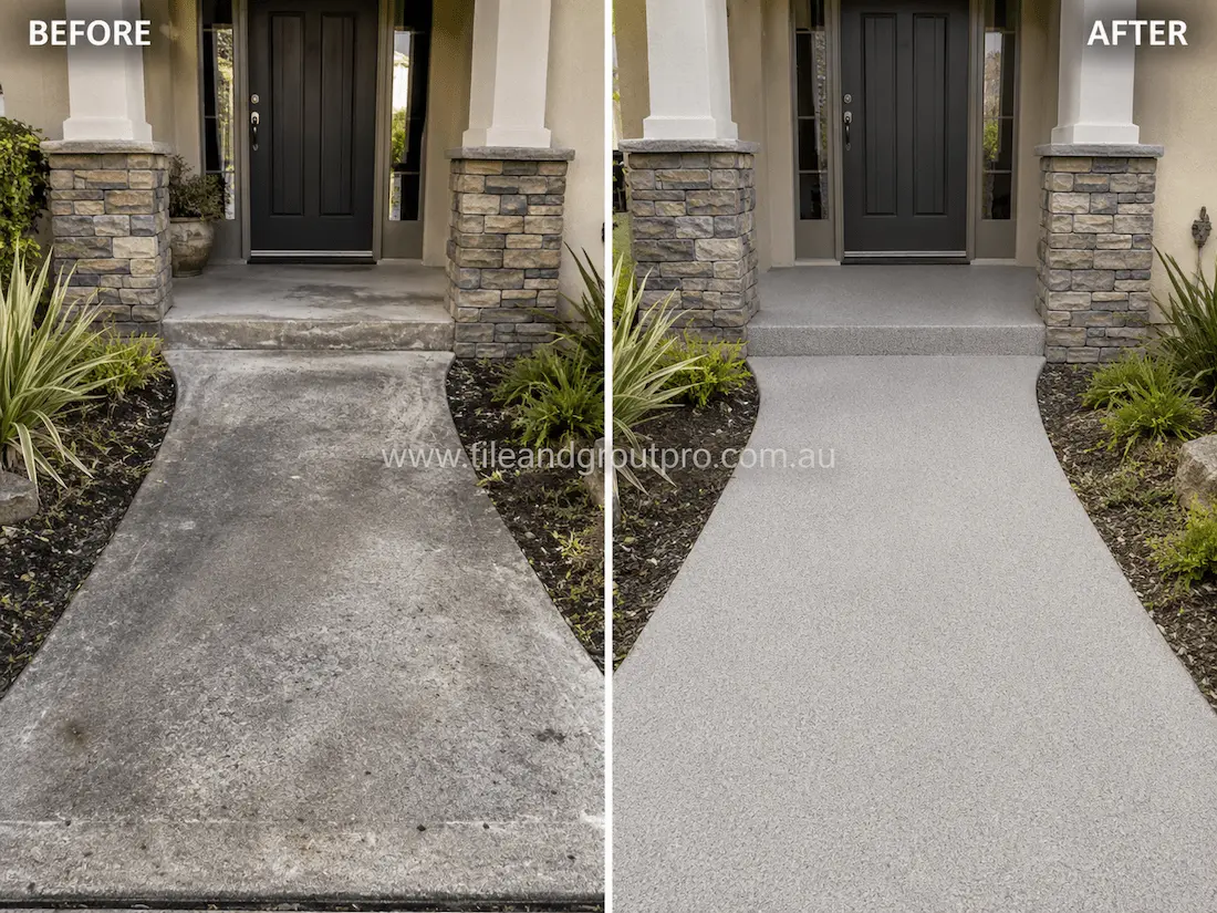 Before and after concrete tile resurfacing of a residential front entry pathway and porch, showing worn and discoloured concrete transformed into a modern textured grey finish leading to the front door.