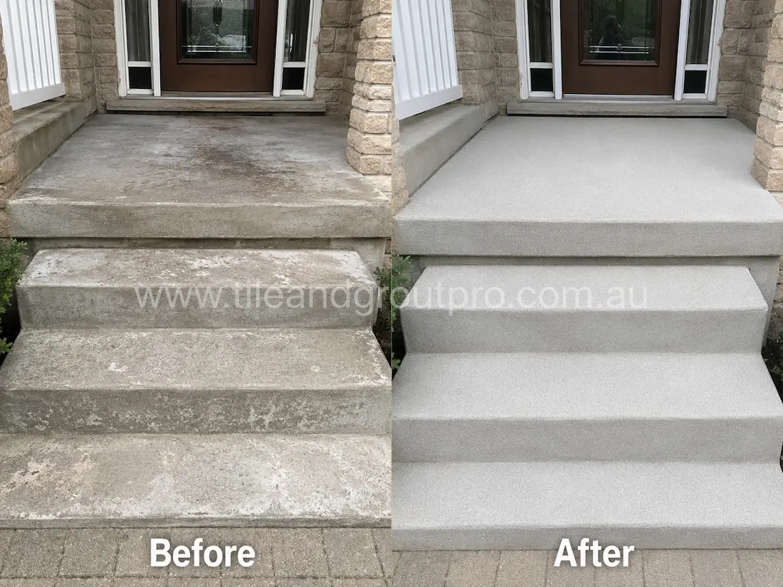 Before and after concrete grinding on residential front porch steps with stained and weathered concrete surfaces restored to a smooth clean light-grey finish.