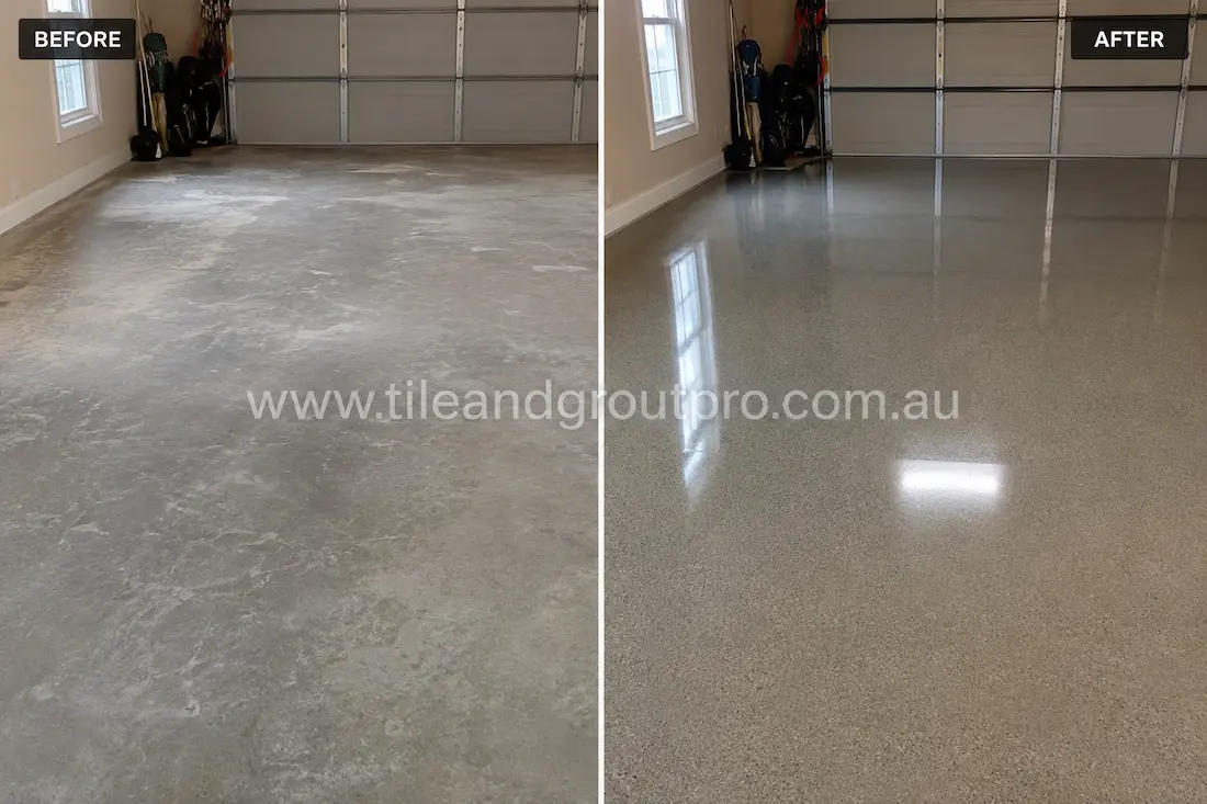 Before concrete polishing, the residential garage concrete floor showed patchy discoloration, surface wear, and a dull finish under indoor lighting.