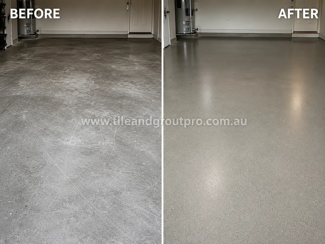 Residential garage polished concrete floor with heavy scratches, scuff marks, and dull surface wear before professional scratch removal and restoration.