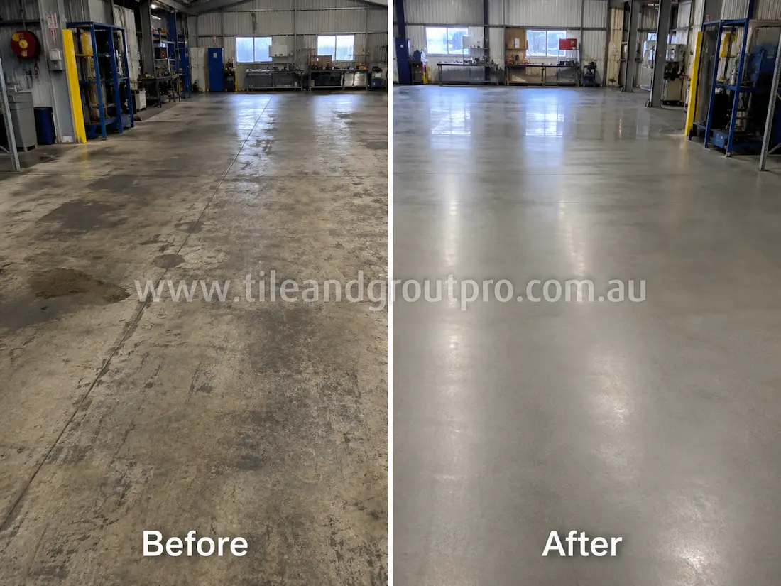 Before and after concrete grinding and polishing in an industrial warehouse with heavily worn and stained concrete flooring restored to a smooth reflective finish.