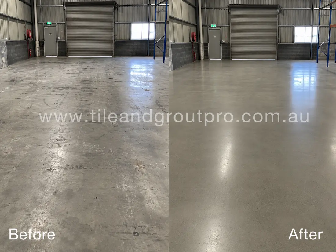 Before and after industrial concrete floor grinding in a warehouse with scratched and worn concrete surfaces restored to a smooth polished finish.