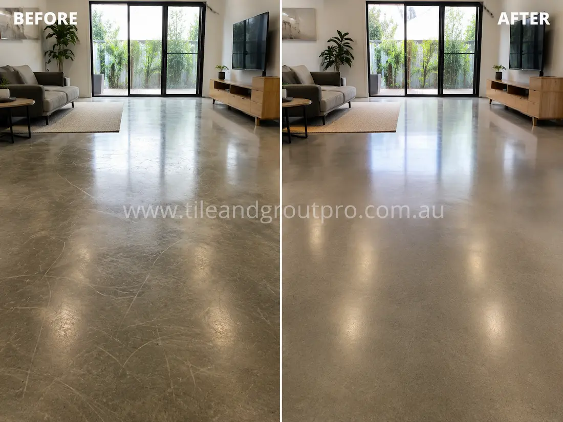 Modern living room polished concrete floor with visible scratch lines, surface scuffs, and dull finish before scratch removal and polishing.