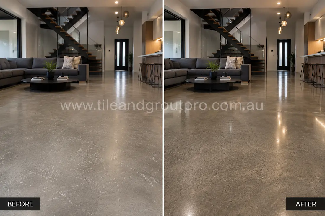 Before concrete polishing, the modern home concrete floor appeared scratched and low sheen with visible scuff marks throughout the open-plan living area.
