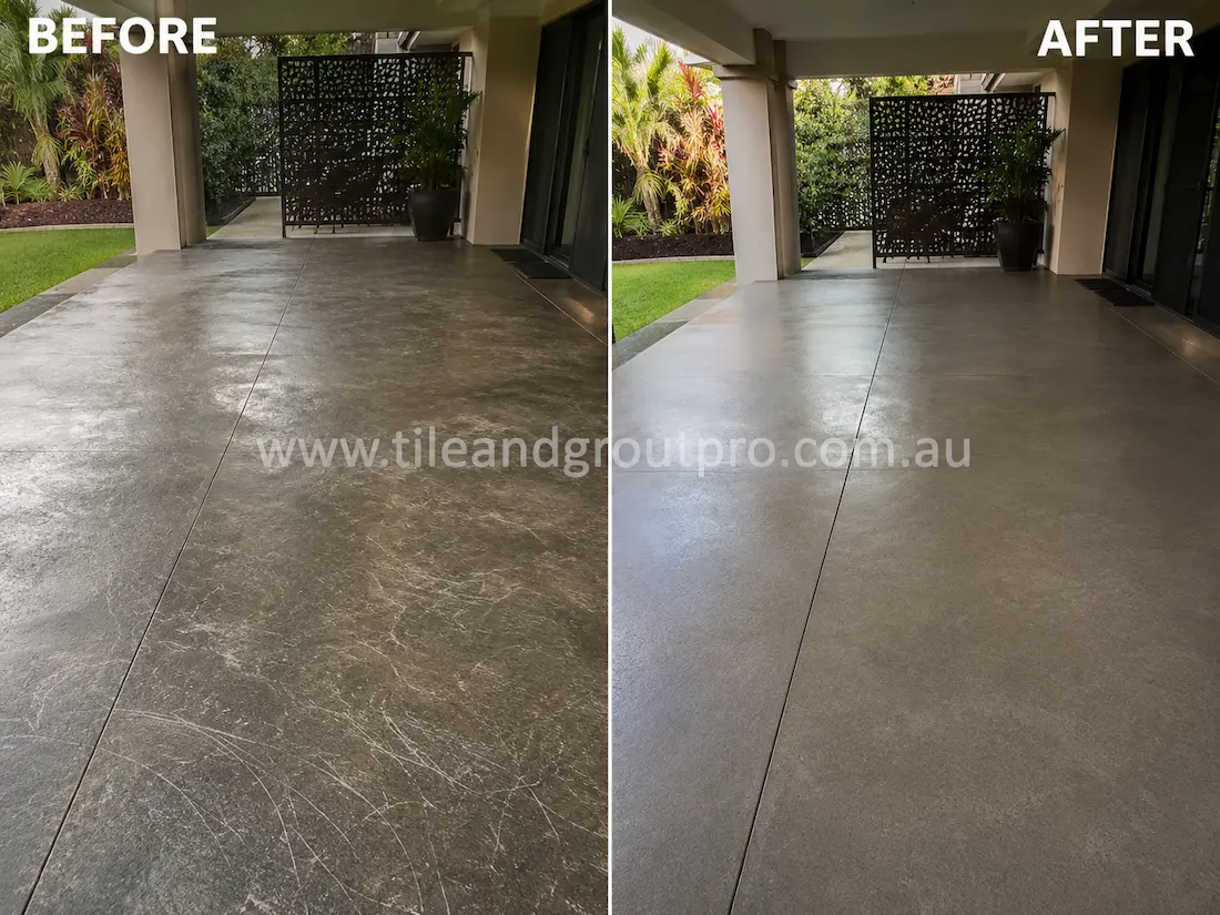 Outdoor concrete patio floor with visible surface scratches, scuffing, and worn finish before professional scratch removal treatment.