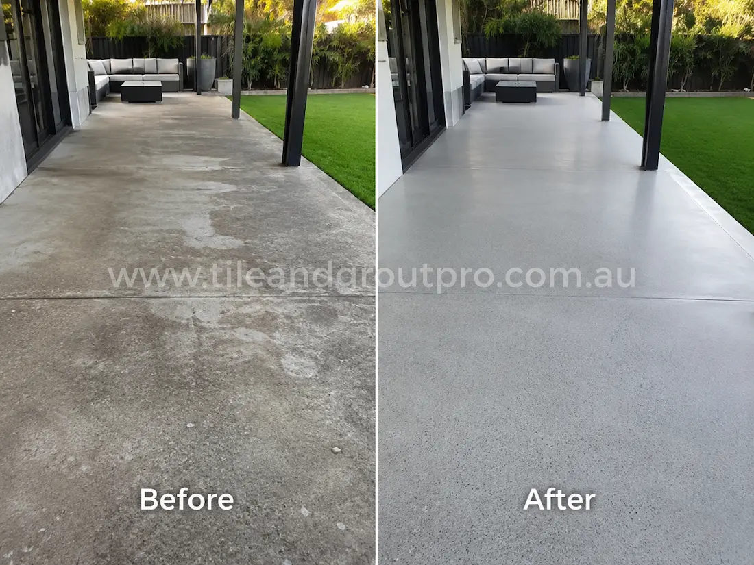 Before and after outdoor concrete grinding on a covered patio with weathered and patchy concrete flooring restored to a clean even textured finish.
