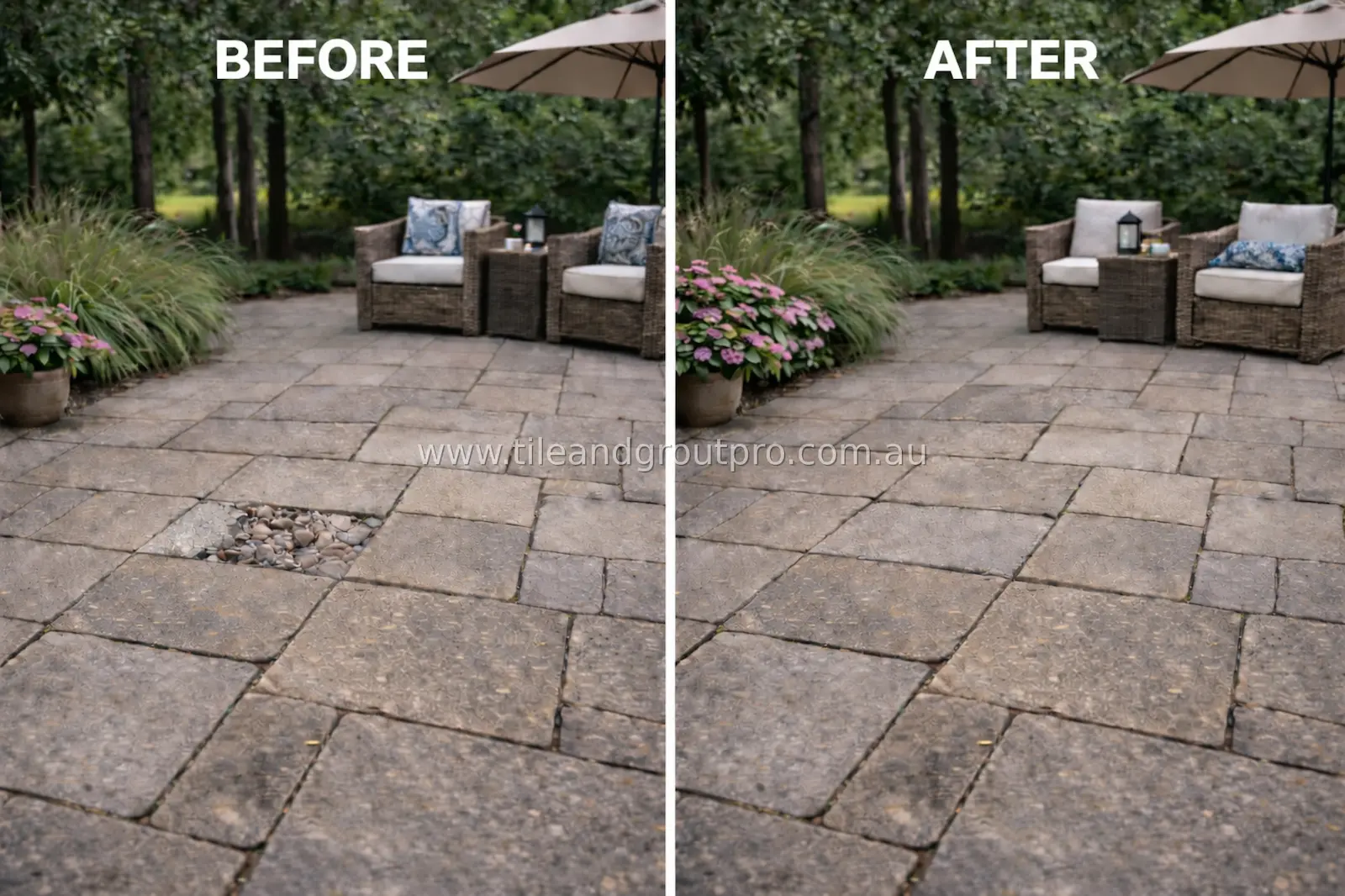 Outdoor paver patio before and after repair showing restored area with seating and garden
