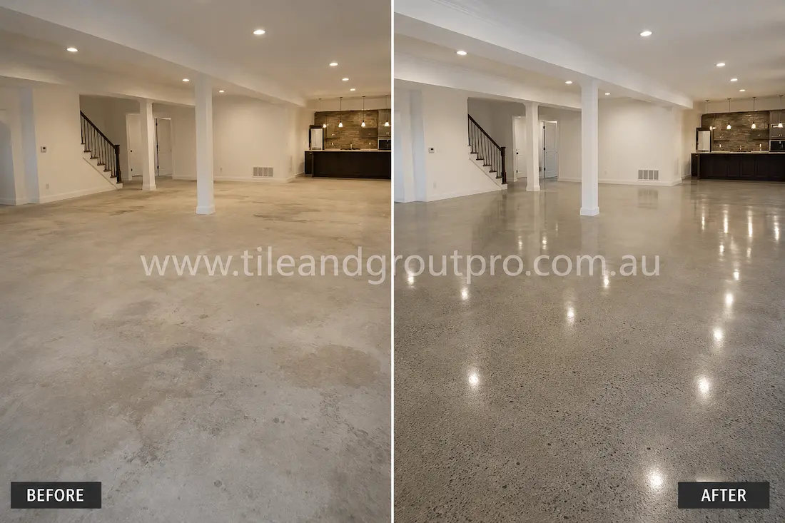 Before stone polishing, the polished concrete basement floor appeared patchy and dull with visible wear in a large residential lower-level living area.