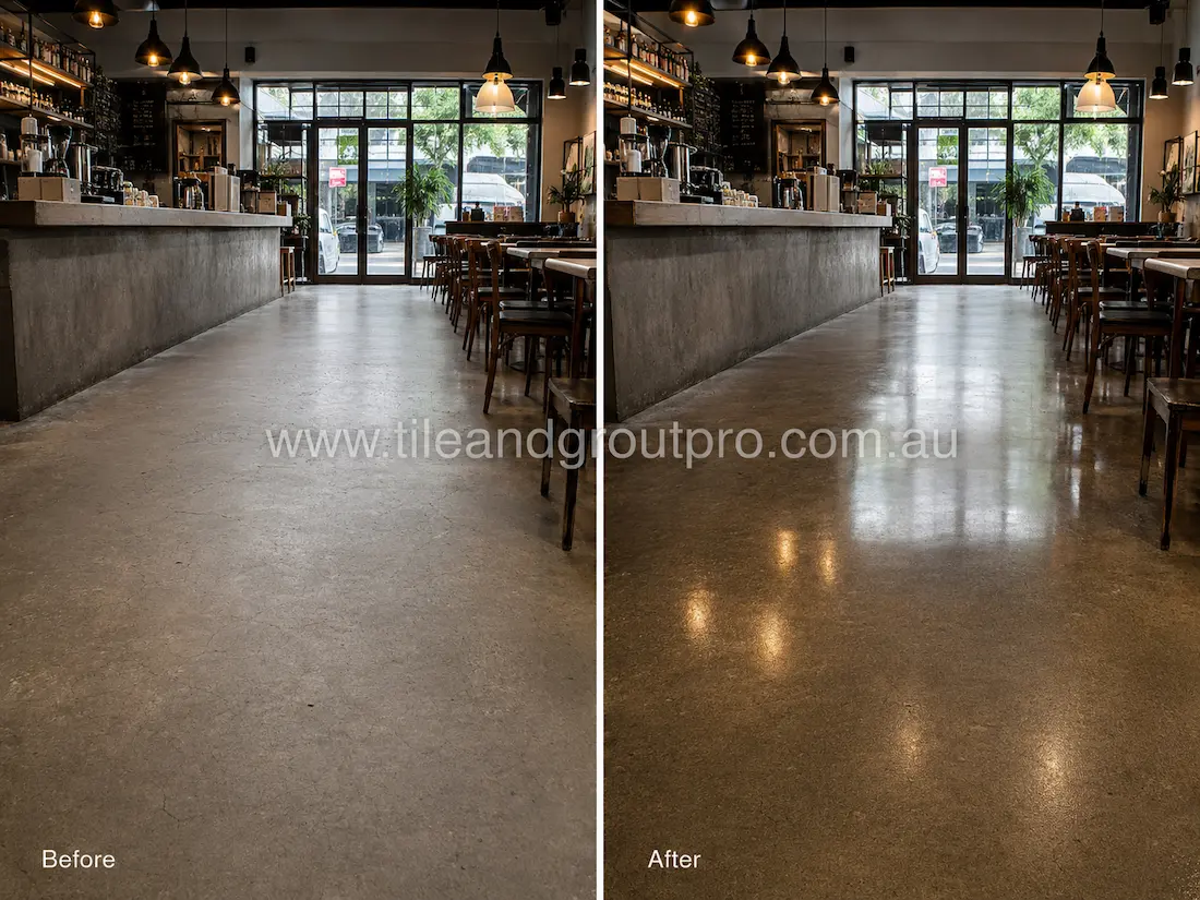 Before stone polishing, the polished concrete café floor showed a dull finish, surface marks, and reduced reflection in a busy hospitality dining space.