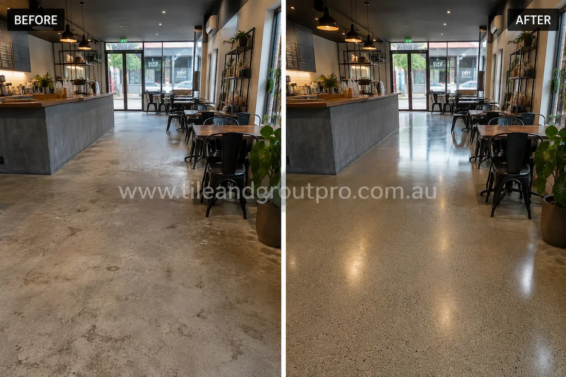 Before stone polishing, the polished concrete café floor showed surface wear, stains, and a faded finish in a contemporary coffee shop interior.