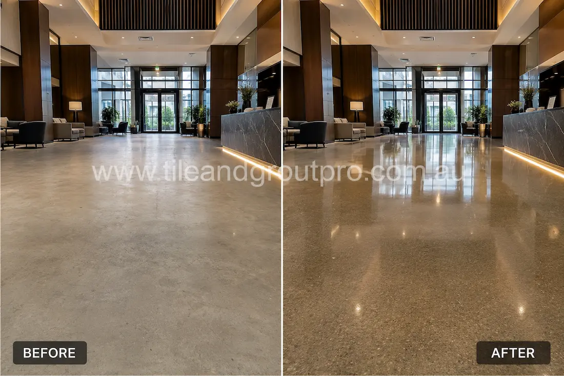 Before stone polishing, the polished concrete hotel lobby floor appeared dull and lightly worn with low reflectivity in a modern commercial reception area.