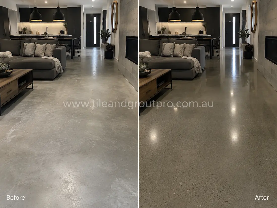 Before stone polishing, the polished concrete living room floor had a matte, worn appearance with low reflectivity in a modern open-plan residential interior.