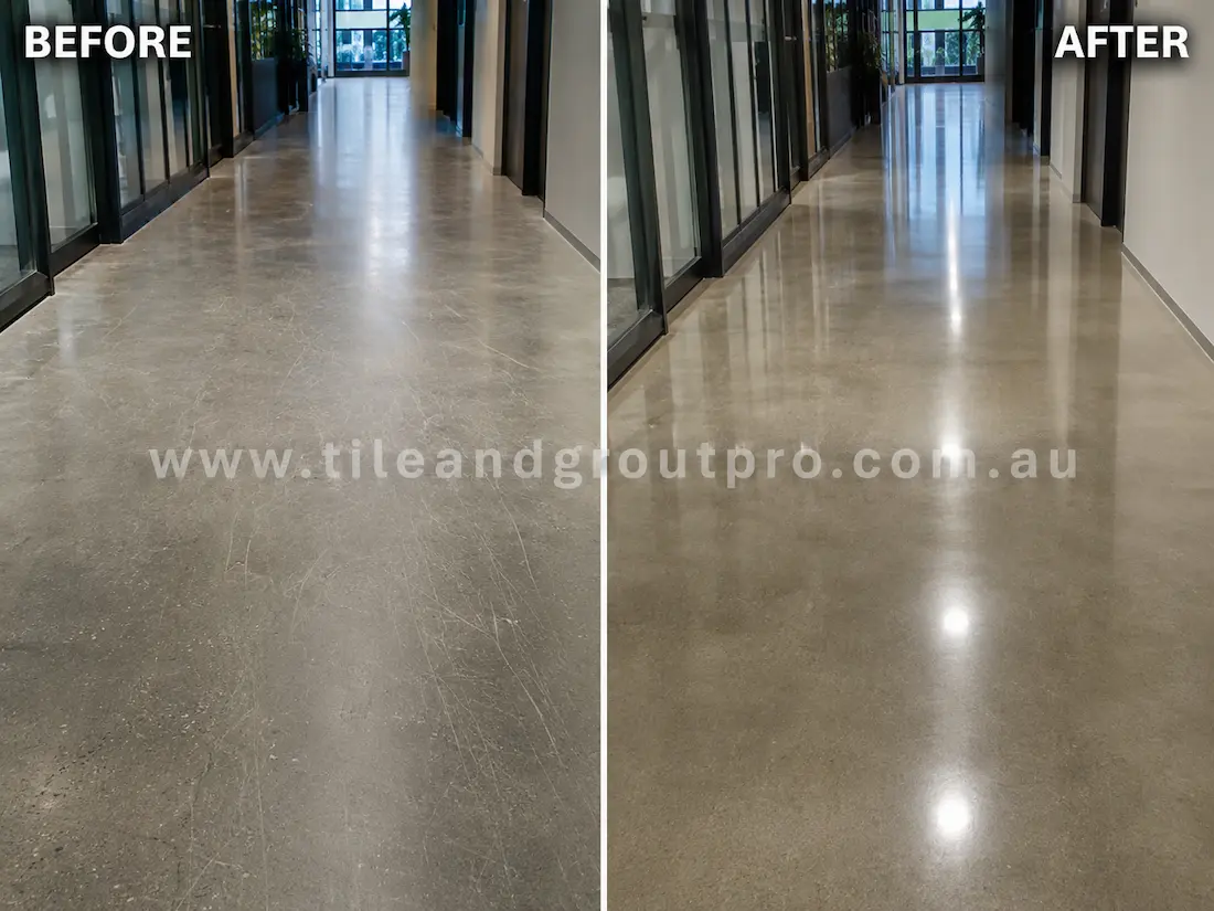 Polished concrete office hallway floor with visible scratches, scuff marks, and dull traffic wear before professional scratch removal and polishing.