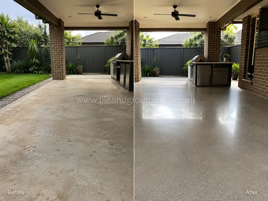 Before stone polishing, the polished concrete outdoor patio floor appeared weathered and flat with minimal shine in a covered alfresco entertaining area.