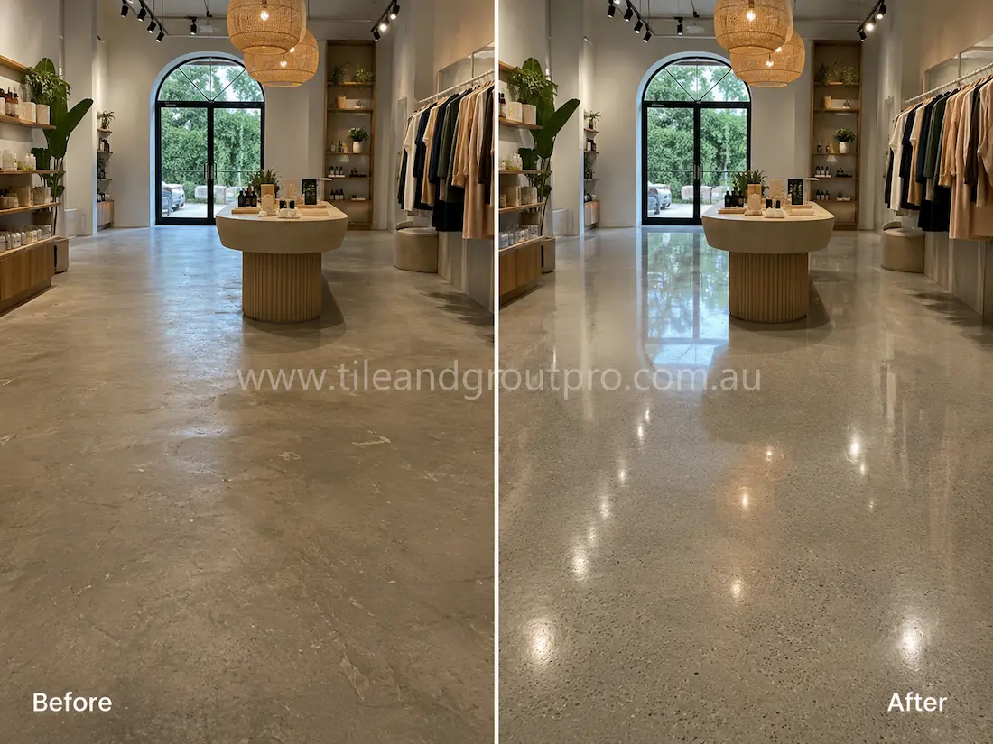 Before stone polishing, the polished concrete retail store floor looked faded and uneven with visible wear in a boutique space featuring shelving and clothing displays.