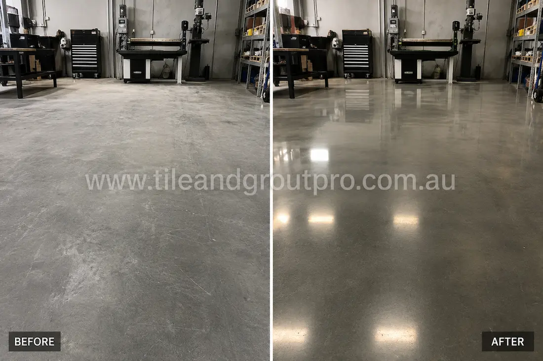 Before stone polishing, the polished concrete workshop floor had visible scratches, scuff marks, and a flat appearance in an industrial workspace.