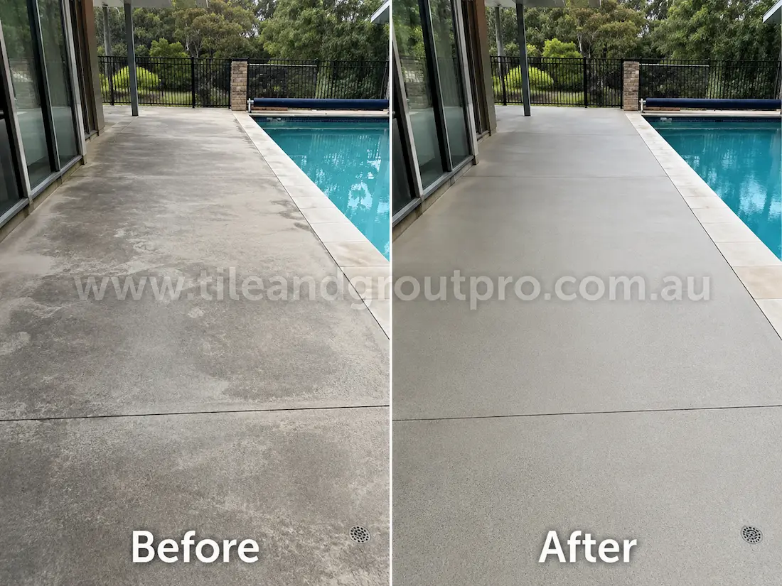 Before and after concrete grinding on an outdoor poolside patio with faded and patchy concrete surfaces restored to a clean even textured finish.