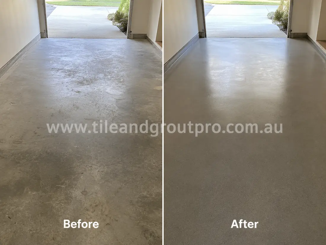 Before and after concrete grinding and polishing in a residential garage with dull stained concrete flooring restored to a smooth clean satin finish.