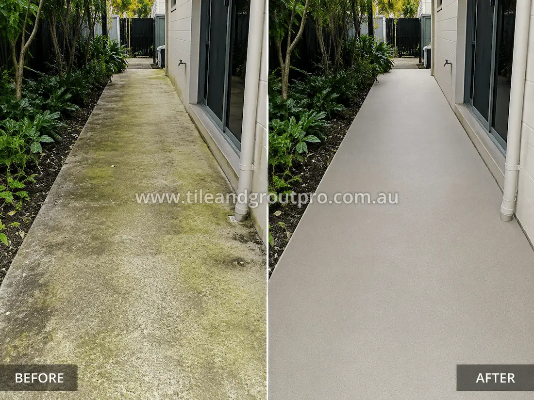 Before concrete resurfacing, this residential side pathway has moss growth, algae staining, and weathered concrete surfaces, resurfaced with a fresh slip-resistant light-grey coating for a cleaner appearance.