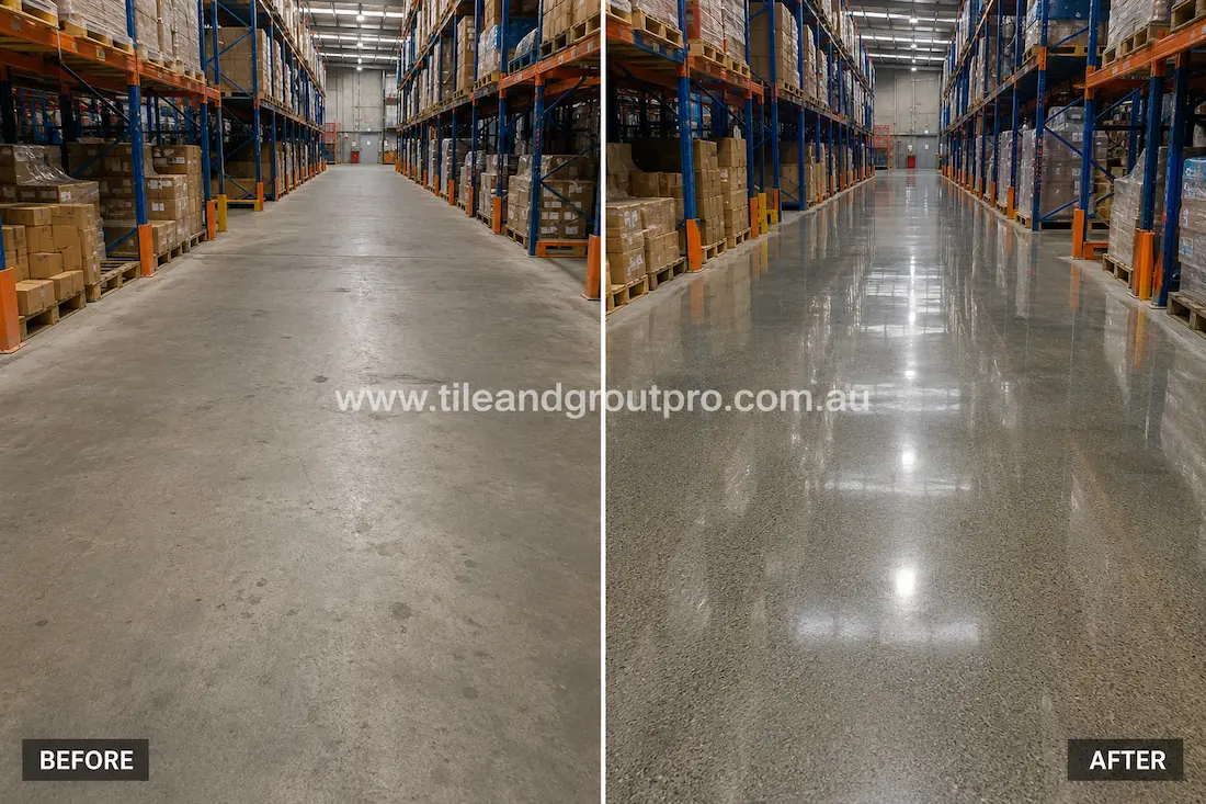 Before concrete polishing, the warehouse concrete floor appeared flat and worn with visible stains and low reflectivity between industrial storage aisles.
