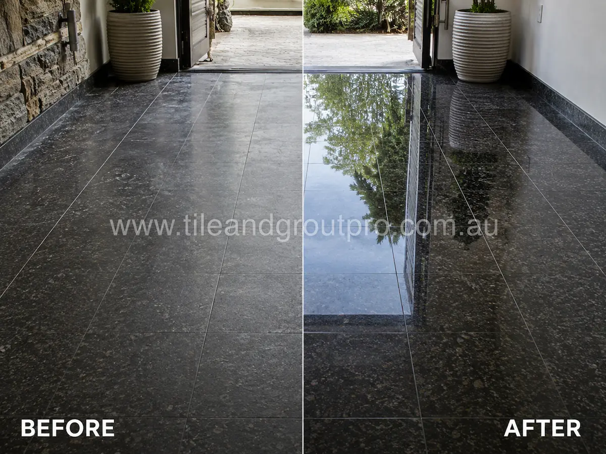 Before-and-after comparison of black granite entryway floor tiles with hazy sealer buildup, patchy finish, and reduced shine before Sealer Stripping. 