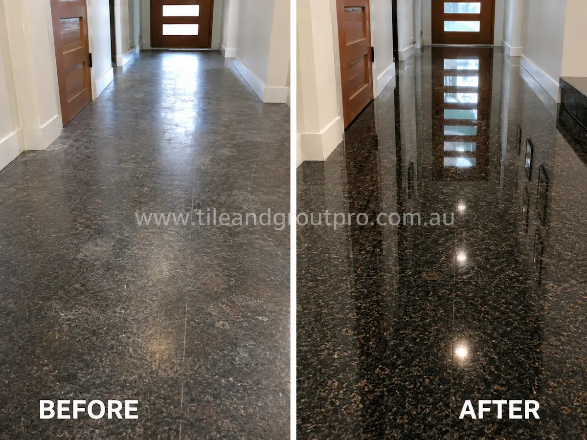Before-and-after comparison of black granite hallway floor tiles with cloudy sealer buildup, uneven gloss, and worn surface appearance before Sealer Stripping. 