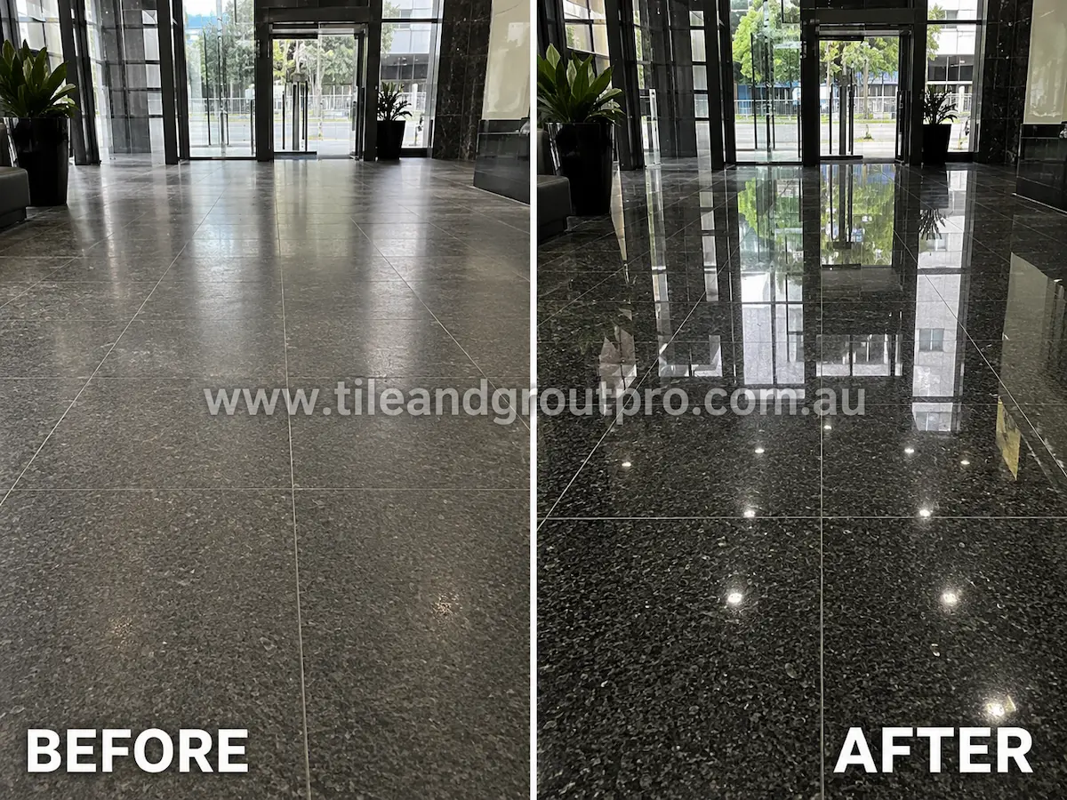 Before-and-after comparison of commercial black granite lobby floor tiles with dull sealer residue, muted reflections, and heavy traffic wear before Sealer Stripping. 