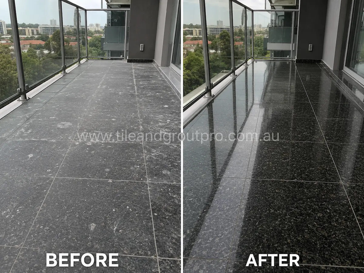 Before-and-after comparison of black granite balcony floor tiles with worn sealer haze, water spotting, and low surface reflectivity before Sealer Stripping. 