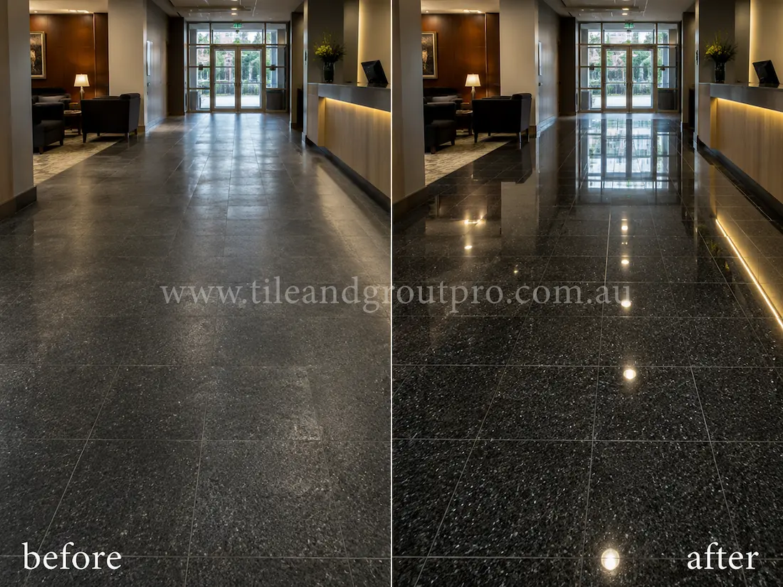 Before stone polishing, the black granite lobby floor tiles appeared dull and lightly scuffed with low reflectivity in a commercial reception hallway with timber wall panels and front desk lighting.