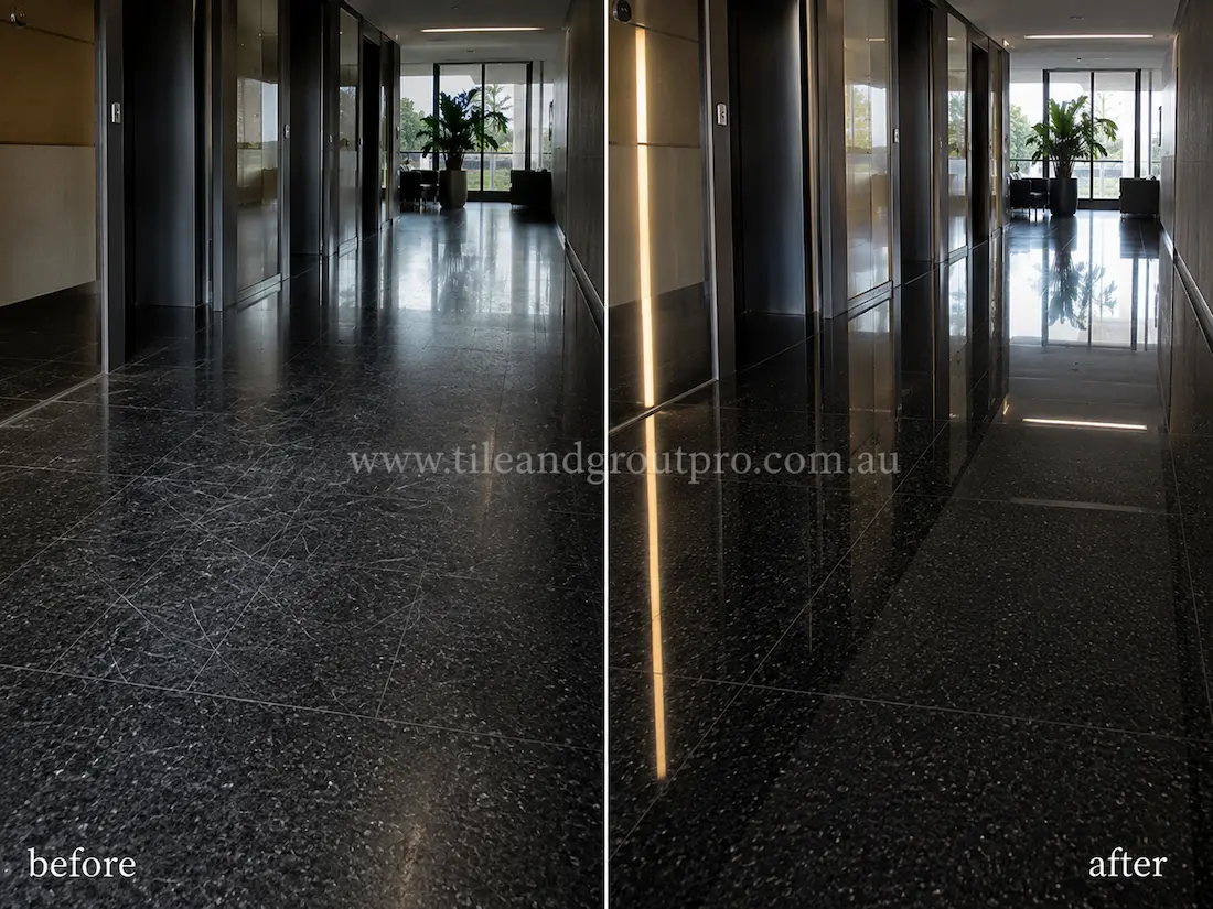 Modern commercial hallway with black stone floor tiles before and after scratch removal, showing visible scratches and wear restored to a sleek reflective finish.