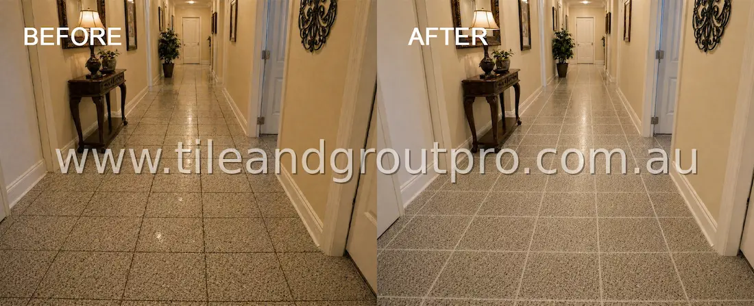 Granite hallway floor before and after regrouting showing grout renewal and brighter consistent lines