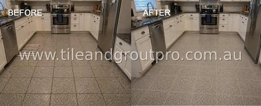 Granite kitchen floor before and after regrouting showing restored grout lines and improved overall finish