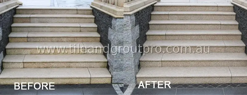 Granite stair restoration before and after showing deep cleaning, stain removal, and sealed natural stone finish