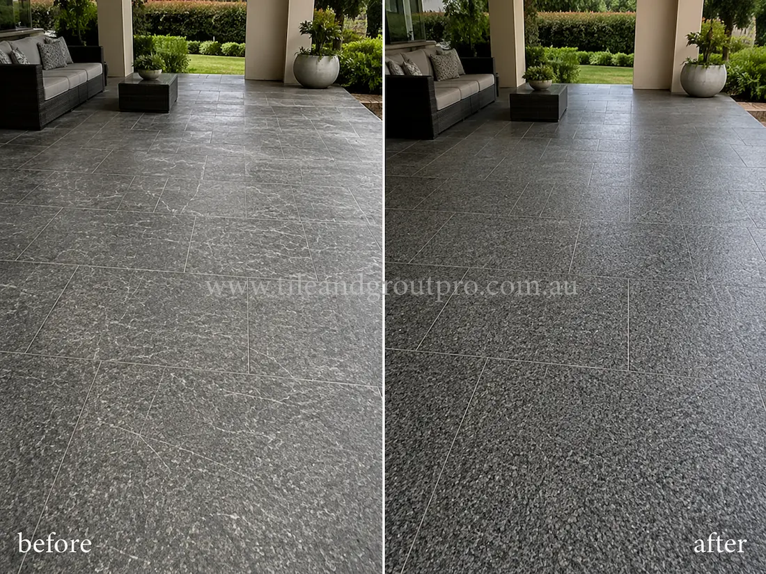 Covered outdoor patio with dark granite floor tiles before and after scratch removal, showing heavily scratched stone tiles restored to a smoother darker polished finish.