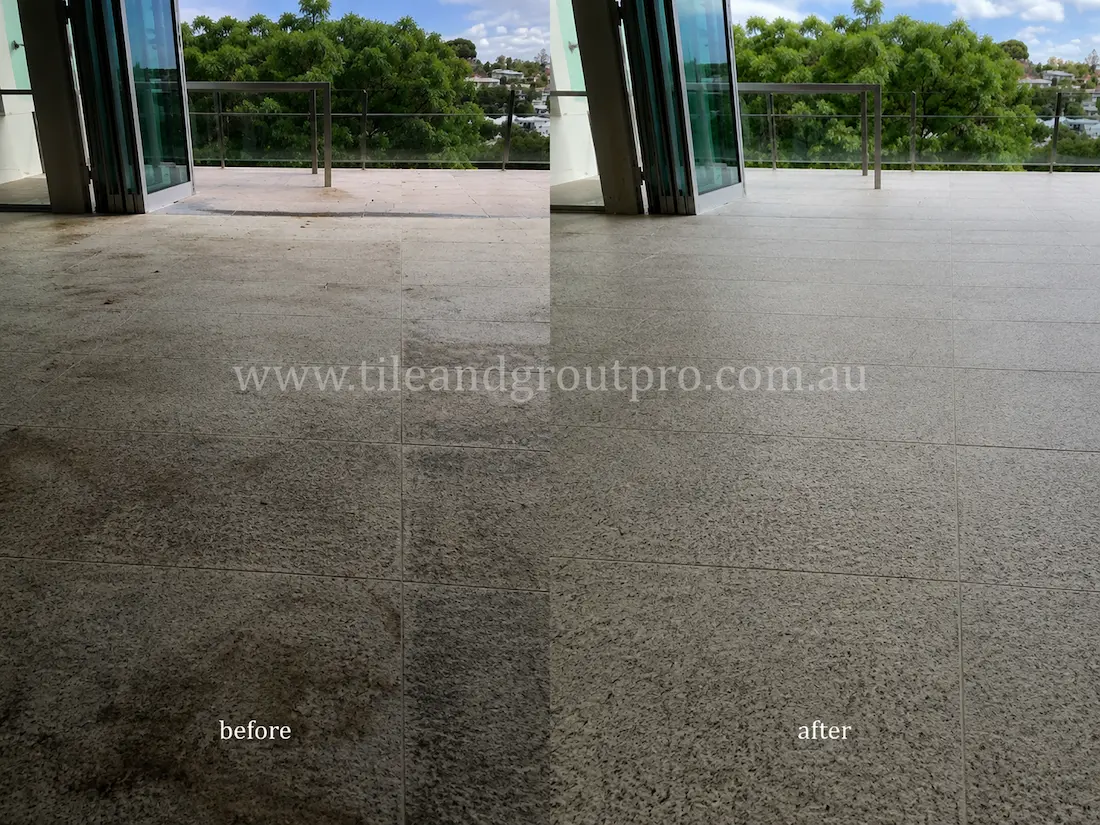 Before tile renewal, the outdoor granite balcony floor tiles showed dirt buildup, weathered patches, and a faded surface finish near the open terrace area.