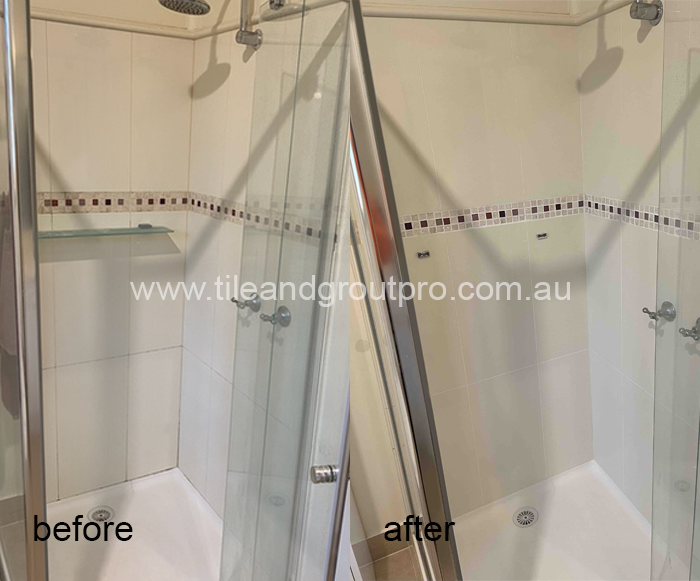 Shower wall tiles before and after cleaning and regrouting showing improved grout lines and cleaner surface