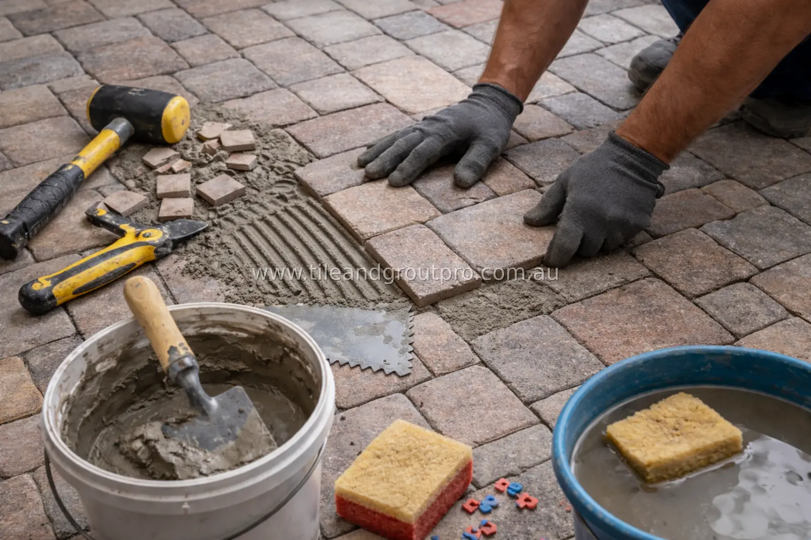 Close-up of paver installation and repair process with tools and fresh mortar being applied