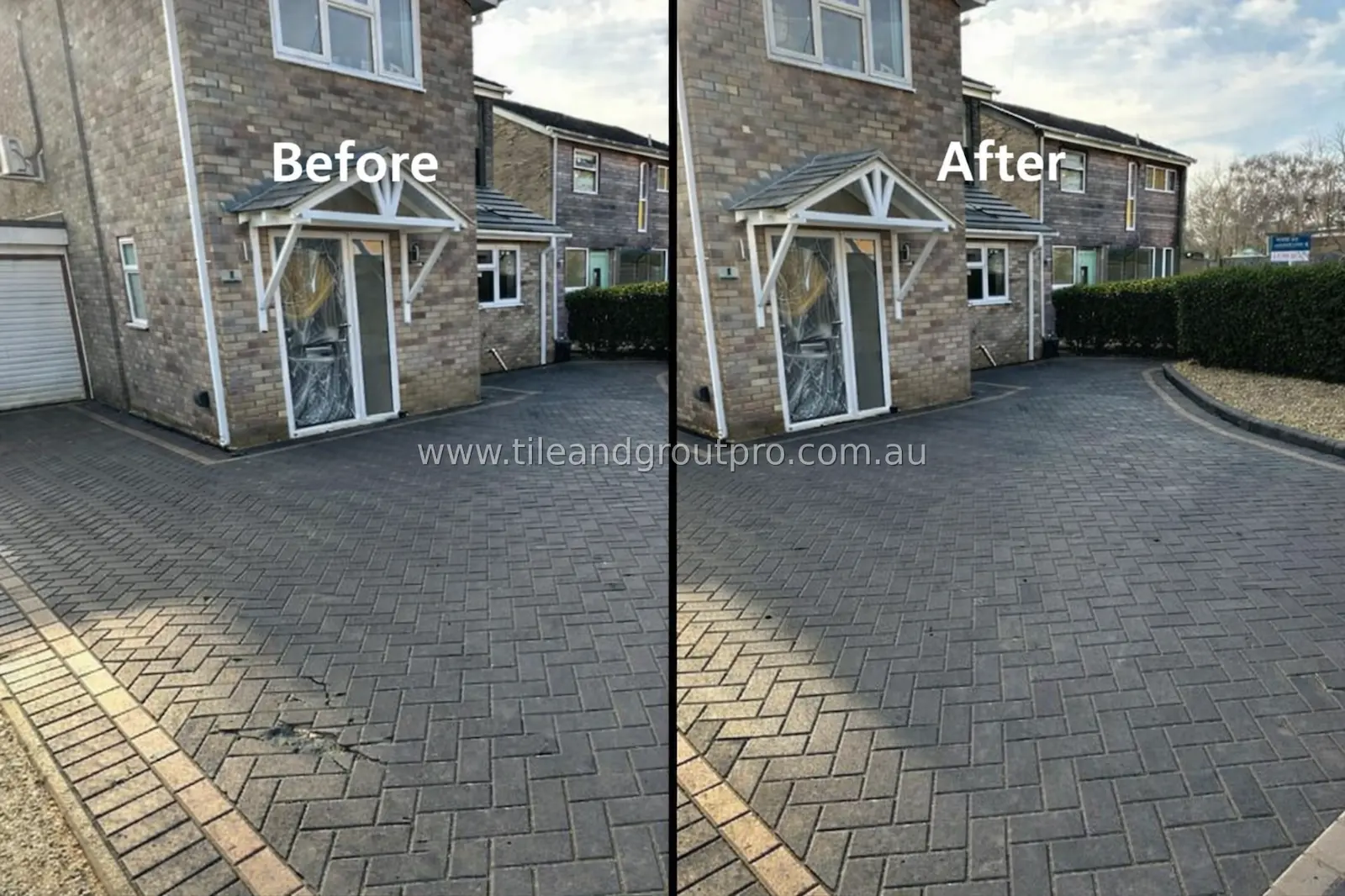 Residential driveway pavers before and after repair showing damaged area fixed and surface leveled