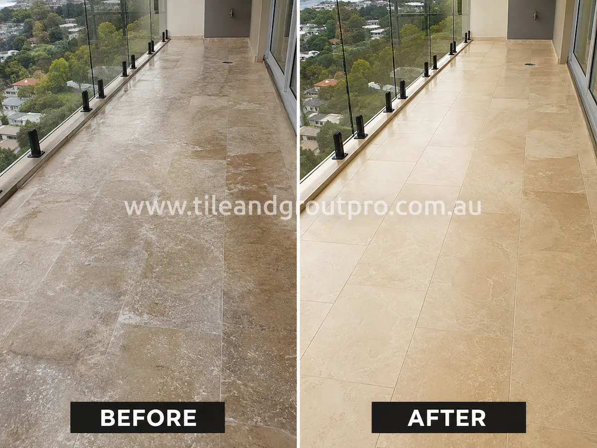 Before-and-after comparison of balcony limestone floor tiles with sealer haze, weathered finish, and whitening across the surface before Sealer Stripping.
