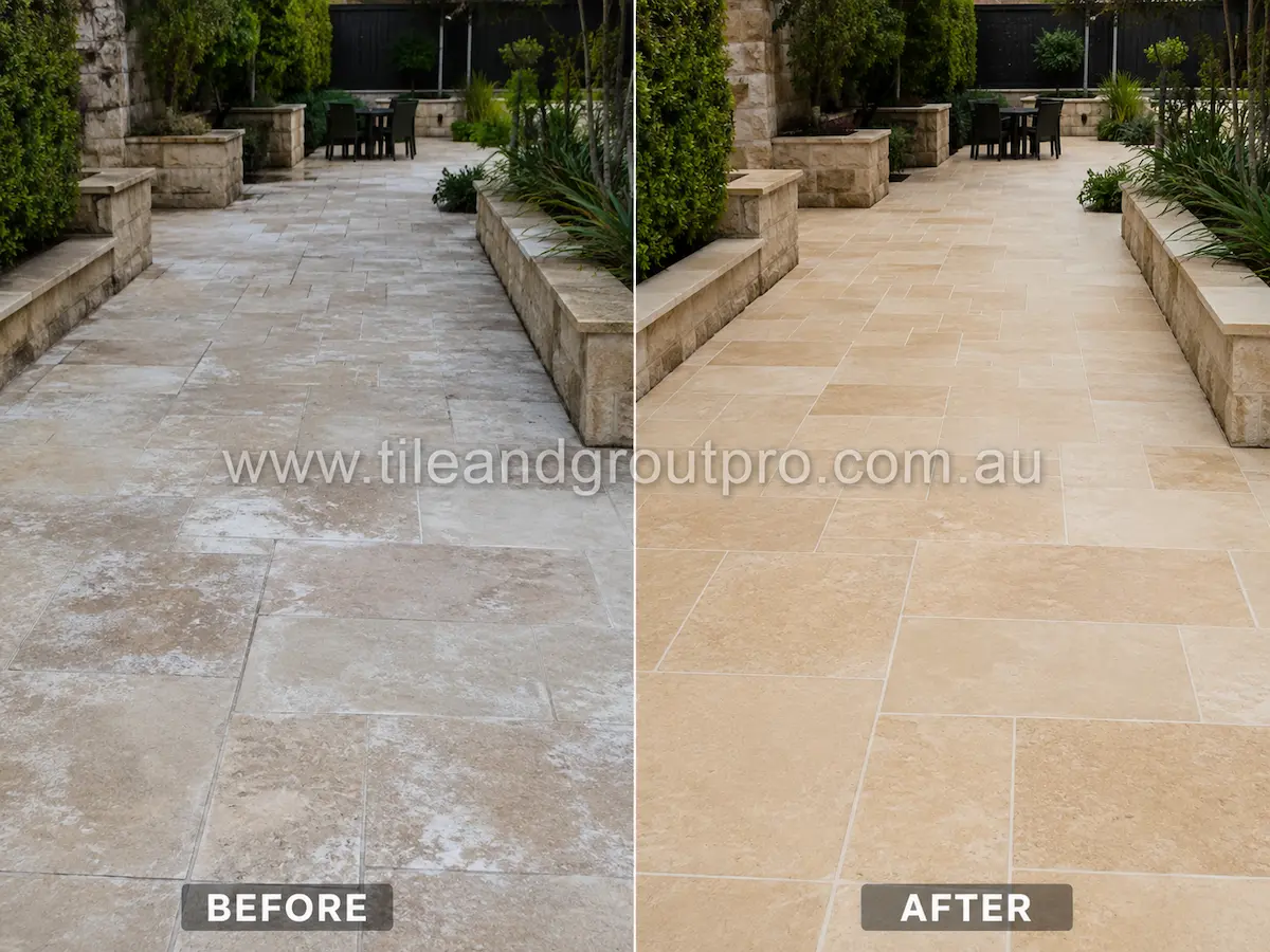 Before-and-after comparison of outdoor limestone courtyard pavers with cloudy sealer buildup, faded appearance, and surface whitening before Sealer Stripping.