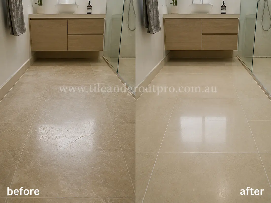 Modern bathroom with beige limestone floor tiles before and after scratch removal, showing scratched and worn stone flooring restored to a clean polished appearance.