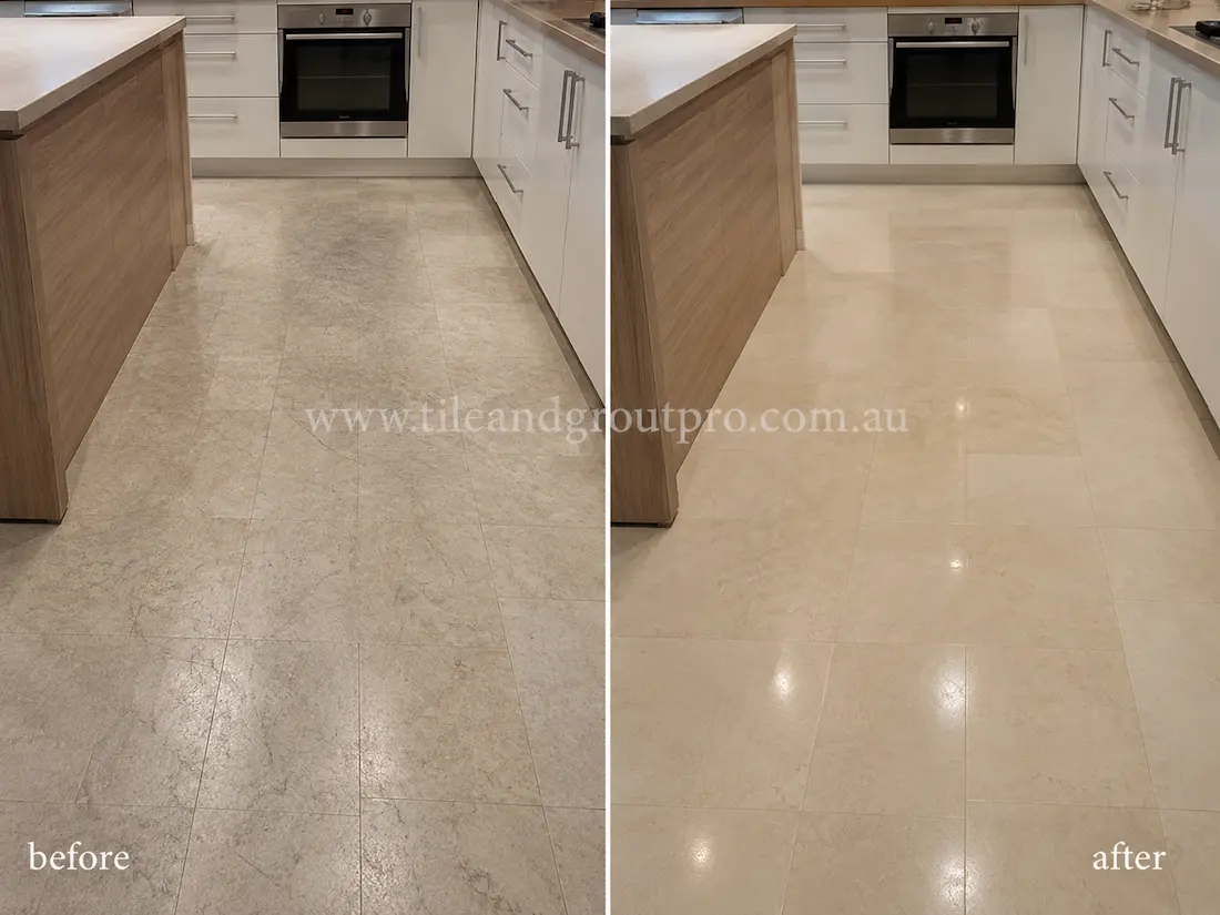 Modern kitchen with beige limestone floor tiles before and after scratch removal, showing scratched and faded stone flooring restored to a polished finish.