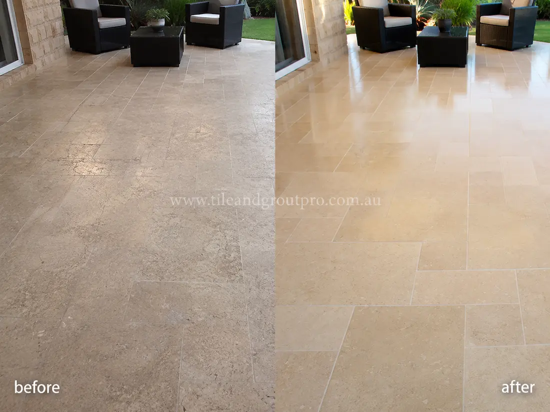 Outdoor patio with beige limestone tiles before and after scratch removal, showing weathered and scratched stone paving restored to a cleaner polished appearance.