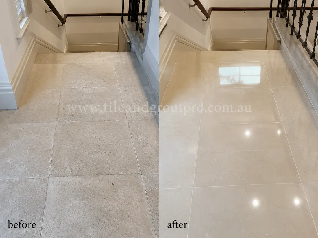 Beige limestone stair landing and upper staircase area with cloudy finish and reduced shine before residential stone polishing service.