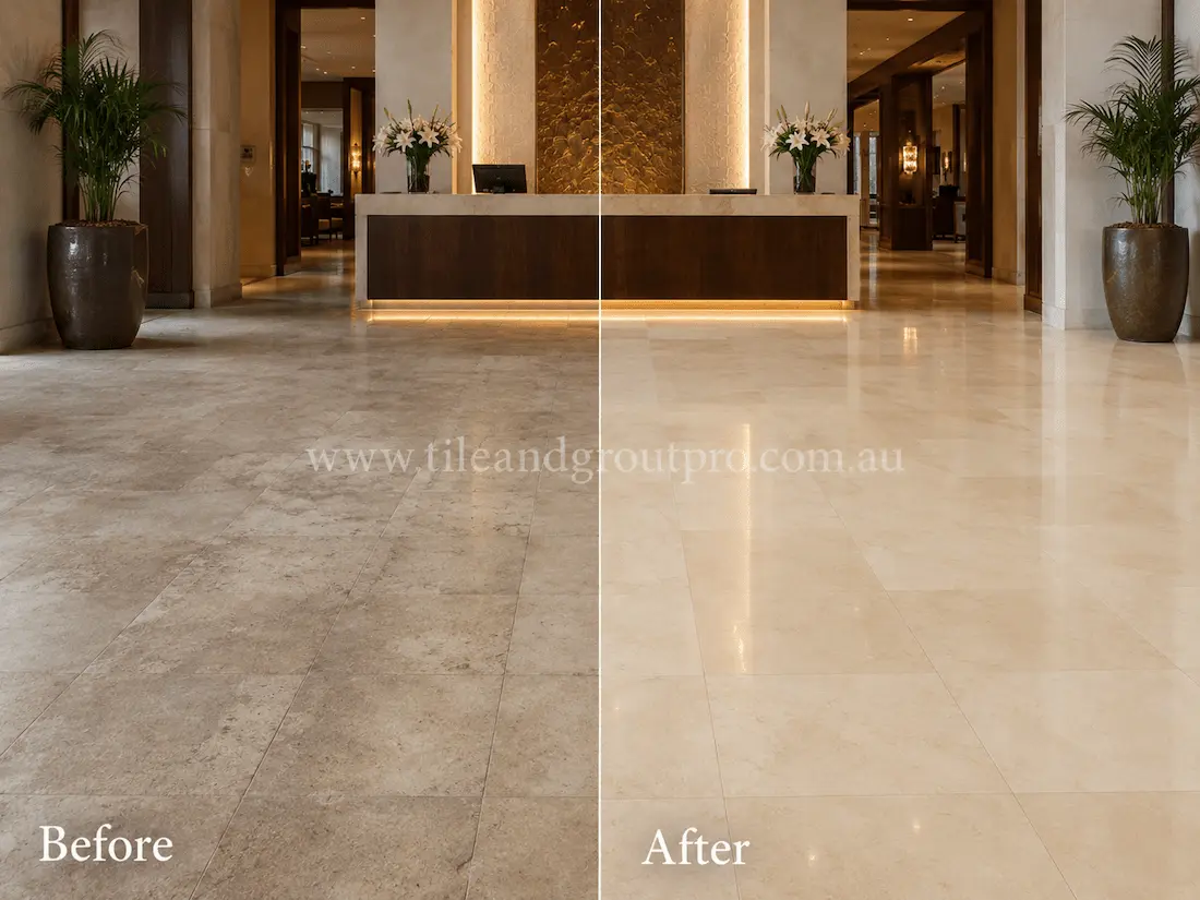 Before tile renewal, the commercial limestone lobby floor appeared faded and worn with low shine and visible traffic dullness near the reception desk.