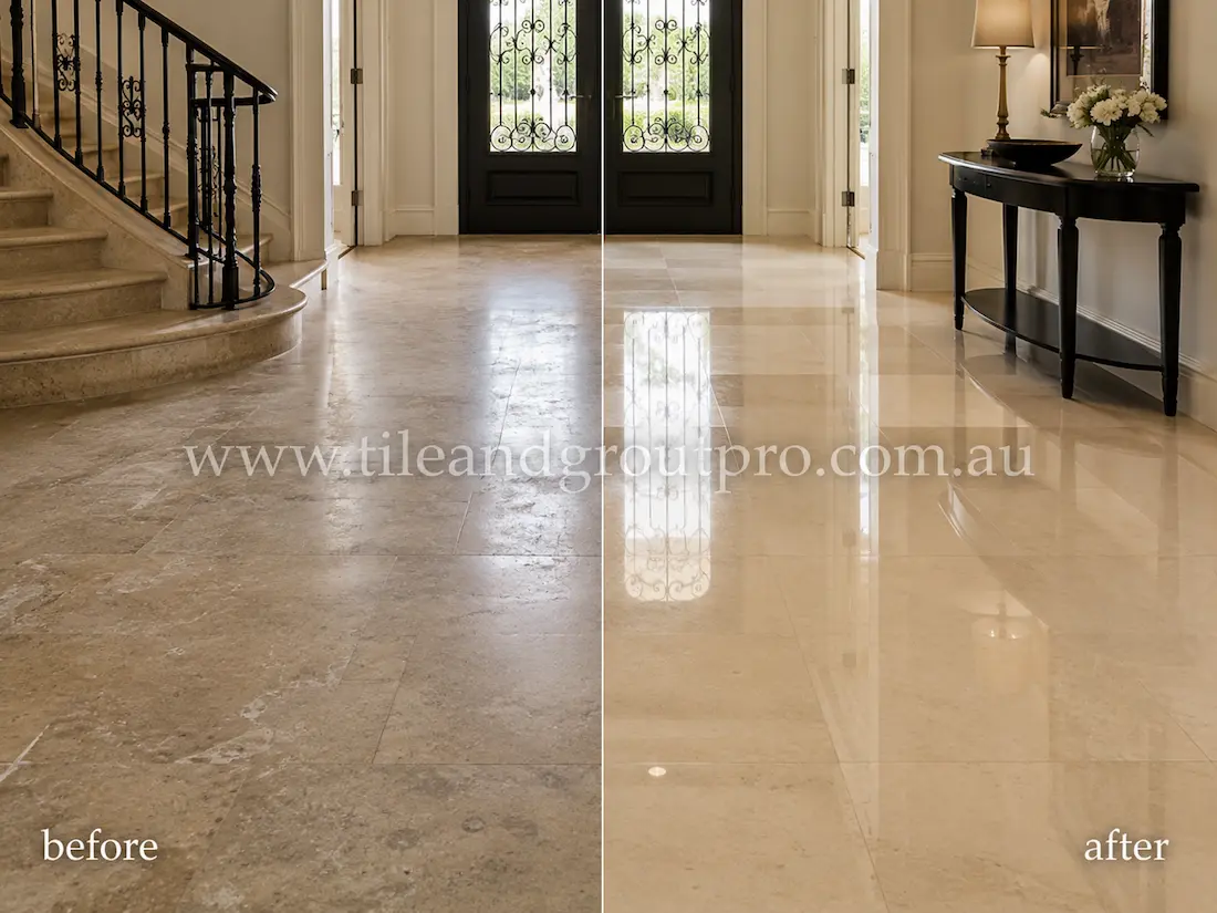 Residential entryway limestone floor tiles before grinding, with dull finish, traffic wear, surface scratches, and reduced reflectivity near the staircase and front doors.