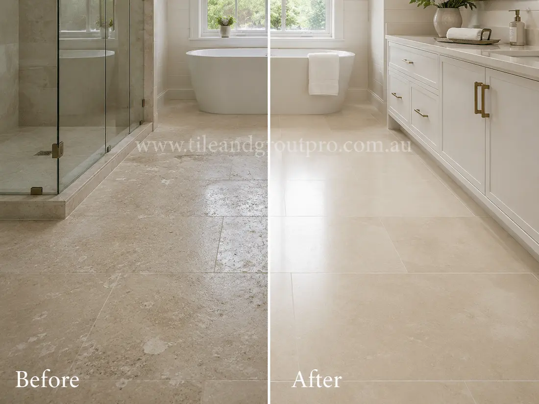 Before tile renewal, the limestone bathroom floor had etched patches, soap residue, and a faded surface around the shower and bathtub area.